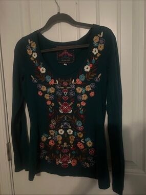 Johnny Was Teal Long-Sleeve Scoop Neck Top with Multicolor Floral Embroidery